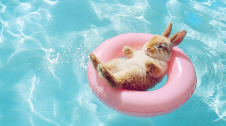 This charming image captures a cute bunny lounging on a pink float in a serene swimming pool, embodying joy and tranquility on a warm summer day.の素材