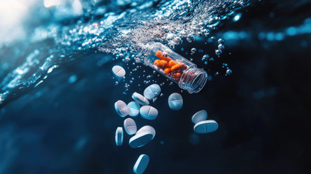 An underwater scene shows a bottle spilling white and orange pills surrounded by bubbles. This striking image highlights the themes of health, medication, and the impact of pharmaceuticals.の素材
