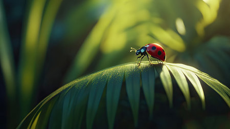 A striking ladybug perched on a vibrant green leaf, surrounded by lush tropical foliage. The image captures the beauty of nature and highlights intricate details.の素材