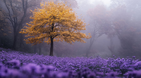 A stunning view of a vibrant autumn tree surrounded by a field of purple flowers, shrouded in mist, creating a serene and peaceful atmosphere for nature lovers.の素材
