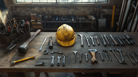 A vibrant display of tools alongside a yellow hard hat in a workshop. The scene showcases essential equipment for construction and repair tasks. Perfect for illustrating craftsmanship and safety.の素材