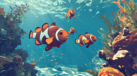 A captivating underwater scene featuring colorful clownfish swimming gracefully among a vibrant coral reef. The serene ocean environment showcases marine biodiversity.の素材