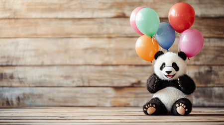 A charming stuffed panda holds a bunch of colorful balloons, bringing joy and warmth to any celebration. Perfect for themed events or children's parties.の素材
