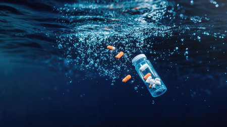 A striking image of a prescription bottle and pills submerged underwater, surrounded by bubbles. The scene conveys themes of health and tranquility.の素材