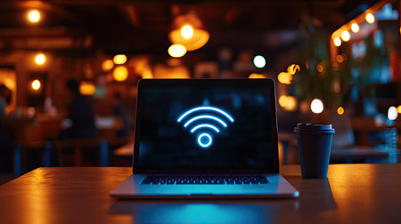 A laptop displaying a glowing Wi-Fi symbol sits on a wooden table in a cozy cafe with warm ambient lights creating an inviting atmosphere for work and relaxation.の素材