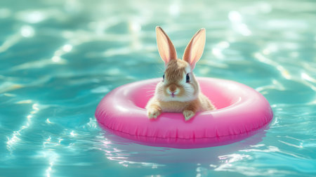 A cute bunny sits in a pink inflatable float, surrounded by sparkling blue water. This charming scene captures the joy of summer and the playful spirit of pets in a serene environment.の素材