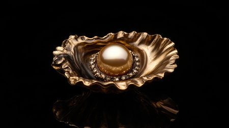 A stunning pearl sits gracefully in an ornate golden shell, creating a luxurious focal point. This artistic still life captures the elegance and beauty of nature.の素材
