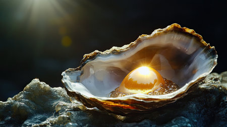 A captivating close-up of an open oyster with a radiant pearl inside, beautifully illuminated. This image highlights the intricate details and natural beauty of marine life.の素材