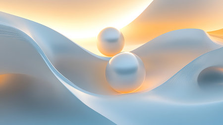 This abstract image features smooth waves and reflective spheres, creating a harmonious blend of light tones and textures. Perfect for artistic and modern designs.の素材