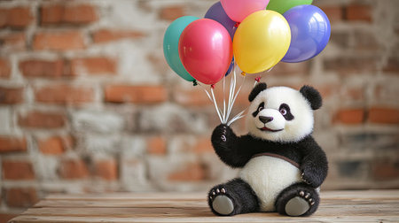 A charming panda toy holds vibrant balloons, creating a joyful atmosphere. Perfect for children's parties, celebrations, or whimsical decor themes.の素材