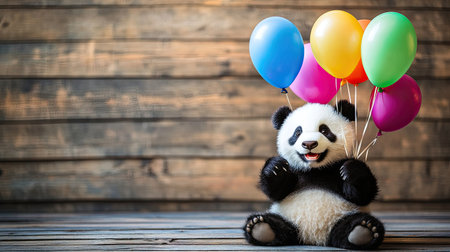 A cheerful panda sits against a rustic wooden backdrop, joyfully holding colorful balloons. This delightful image captures the spirit of celebration and happiness, ideal for various projects.の素材