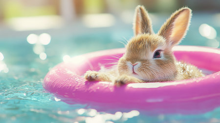 A cute bunny enjoys a sunny day, relaxing on a pink pool float in bright blue water. This charming scene captures the essence of summer fun and playful innocence.の素材
