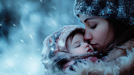 A heartwarming scene of a mother and her child sharing a tender moment in a snowy landscape, showcasing love and warmth amidst the winter chill.の素材
