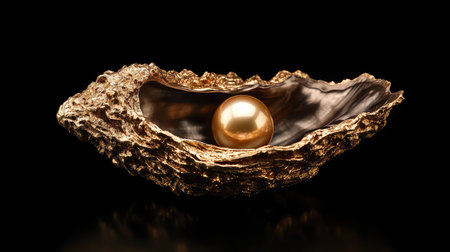 A stunning golden pearl rests inside a beautifully textured oyster shell, creating a striking visual against a sleek black background, highlighting natural elegance.の素材