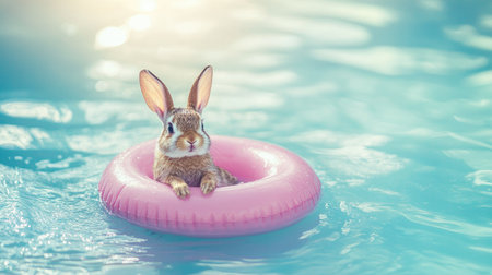 A charming rabbit enjoys a moment of leisure in a pink floatie, gliding through sparkling water. This delightful scene captures the essence of summer joy and innocence.の素材