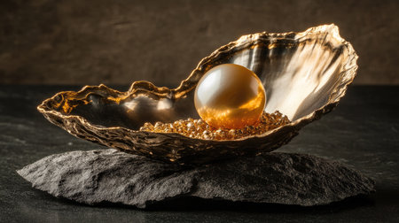 A stunning golden oyster shell showcases a lustrous pearl resting atop sparkling gems, creating a luxurious and elegant centerpiece for any decor.の素材