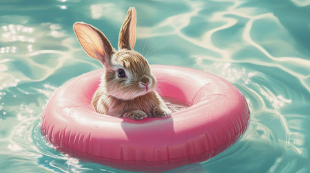A charming bunny floats leisurely on a pink inflatable in a bright, sunlit pool. The scene radiates summer joy and carefree vibes, capturing a delightful moment of animal fun.の素材