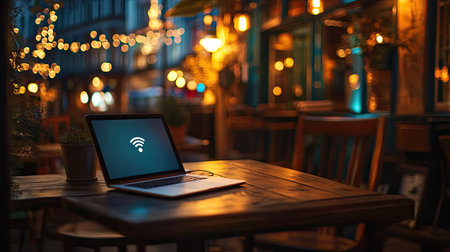 A serene scene featuring a laptop displaying a Wi-Fi symbol on a wooden table in a cozy cafe. Soft lights create a warm ambiance, perfect for remote work.の素材
