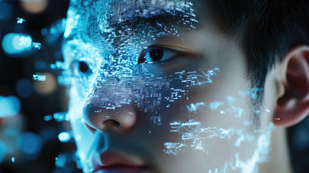 A close-up view of a young man's face surrounded by digital visuals, showcasing the blend of technology and human emotion in a futuristic setting.の素材