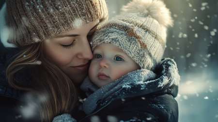 A touching scene of a mother embracing her baby in a snowy setting. Soft snowflakes fall around them, enhancing the warmth of their loving bond, capturing a moment of joy and togetherness.の素材