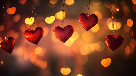 Vibrant red heart ornaments hang delicately against a soft bokeh background. The glowing lights create a warm and romantic atmosphere, perfect for celebrations.の素材