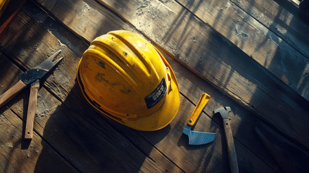 A vibrant yellow hard hat sits on a wooden surface with various tools, showcasing a construction workspace. The distinct shadows and lighting emphasize the focus on safety and craftsmanship.の素材