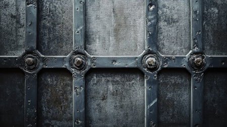 Close-up view of a textured metal surface featuring rivets and scratches. This industrial design creates a strong visual impact for various creative projects.の素材