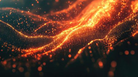 Vibrant abstract background featuring glowing wave patterns in warm orange and yellow hues. This image captures a sense of dynamic energy and movement.の素材