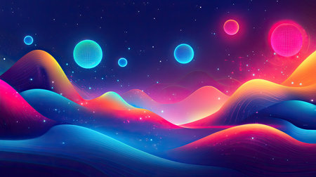 This vibrant abstract landscape features colorful waves, celestial bodies, and glowing stars, creating a dreamy and futuristic atmosphere in a cosmic space.の素材