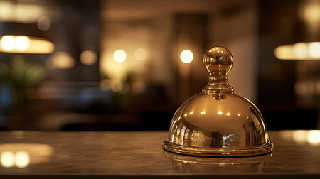 A close-up of an elegant brass reception bell resting on a marble counter, creating a luxurious and inviting atmosphere in a modern lounge setting.の素材