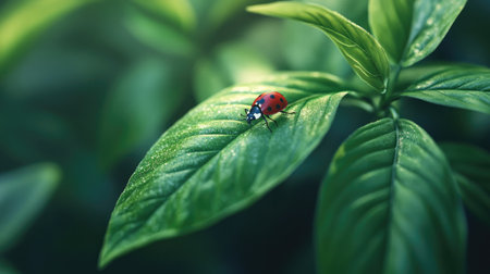 A vibrant close-up of a ladybug resting on a green leaf, showcasing the beauty of nature and intricate details of flora in a peaceful outdoor setting.の素材