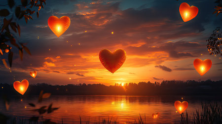 A stunning sunset illuminates the sky as heart-shaped lanterns float over a serene lake. This romantic scene captures the essence of love and tranquility.の素材