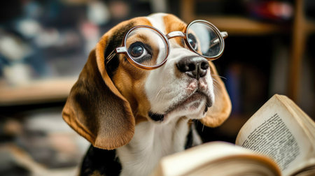 A charming beagle wearing glasses gazes thoughtfully at a book in a cozy indoor setting. This adorable scene captures the essence of curiosity and warmth.の素材
