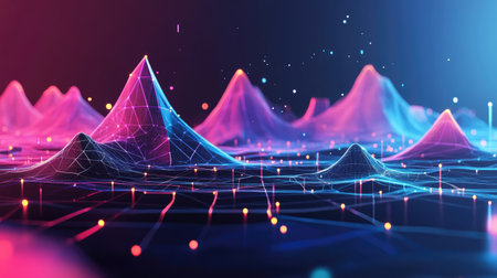 Explore an imaginative digital landscape featuring colorful geometric mountains and dynamic lights. This futuristic design showcases technology and creativity.の素材