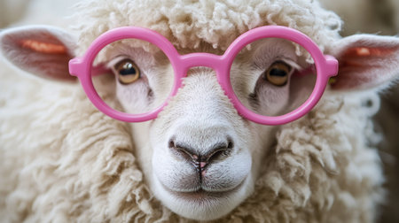 This whimsical portrait features a fluffy sheep wearing pink glasses, exuding charm and playfulness. Perfect for animal lovers seeking fun imagery.の素材