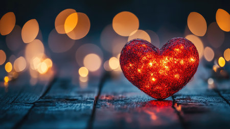 A captivating red heart shape adorned with warm glowing lights against a dark backdrop, creating a romantic and cozy atmosphere, perfect for love-themed projects.の素材