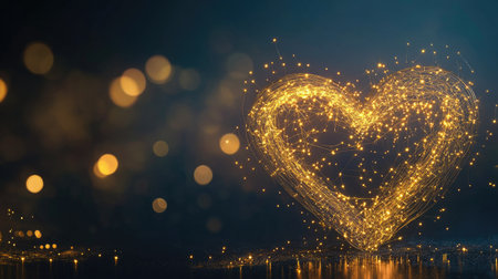 A captivating heart shape formed by twinkling golden light, set against a rich bokeh background. This image evokes feelings of love, warmth, and celebration, making it perfect for festive occasions and romantic themes.の素材
