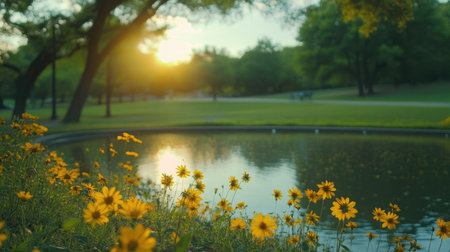 A breathtaking sunset casts warm light over a tranquil pond, surrounded by vibrant yellow flowers. This peaceful scene captures the essence of nature's beauty in a park setting.の素材