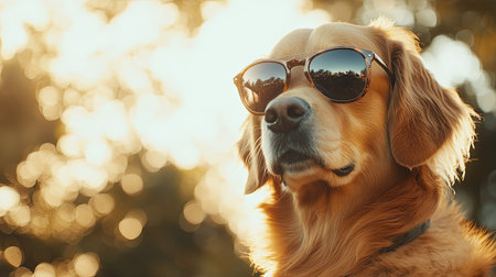 A golden retriever wearing trendy sunglasses poses against a sunlit backdrop, showcasing a relaxed and joyful demeanor perfect for capturing moments of fun and companionship.の素材