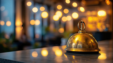 An elegant brass bell sits on a table in a cozy restaurant, surrounded by soft lights and a warm ambiance, creating a welcoming atmosphere for patrons.の素材