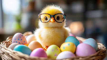 A delightful yellow chick wearing stylish glasses poses charmingly among pastel easter eggs. This whimsical scene captures the joy of spring and festive celebrations.の素材