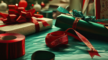 A vibrant scene showcasing beautifully wrapped gifts adorned with colorful ribbons and sparkling decorations, perfect for the festive season.の素材