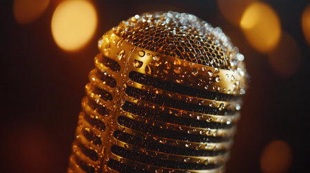 Close-up view of a vintage microphone covered in water droplets, set against a soft bokeh background, creating an artistic and nostalgic atmosphere for music lovers.の素材