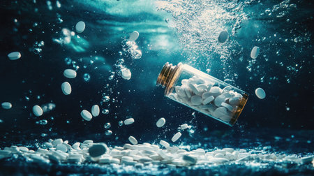 A captivating underwater scene featuring a glass bottle filled with white pills, suspended among bubbles, creating a serene and intriguing visual display.の素材