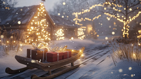 A charming winter scene featuring a wooden sleigh with wrapped gifts, surrounded by twinkling lights and a cozy cabin. Perfect for holiday-themed designs.の素材