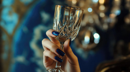 A close-up image of a beautifully manicured hand with blue nails, elegantly holding a crystal glass. The soft lighting and luxurious background enhance the mood of celebration.の素材