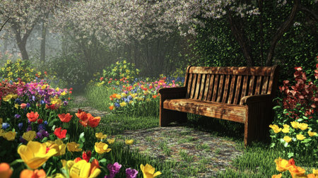 A serene garden pathway adorned with vibrant, blooming flowers invites relaxation. A wooden bench offers a peaceful spot to enjoy nature's beauty under soft sunlight.の素材