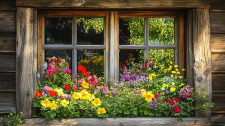 A charming window box filled with vibrant flowers displays a beautiful array of colors. The rustic wooden frame enhances the natural beauty, inviting tranquility.の素材