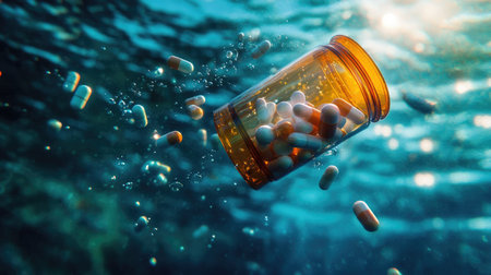 An artistic underwater scene featuring a pill bottle filled with capsules, drifting through blue waters, highlighting themes of health, medication, and environmental awareness.の素材