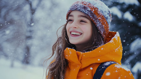 A cheerful girl smiles brightly while playing in a snowy landscape, wearing a vibrant orange jacket and a cozy hat. Snowflakes surround her in a joyful winter scene.の素材